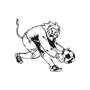 Soccer player vinyl wall decal, black-and-white kneeling and kicking soccer ball