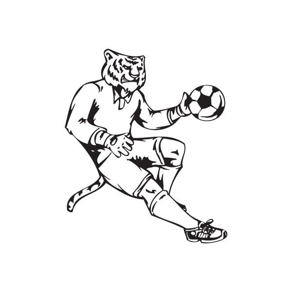 Soccer wall decal of a football player kicking a ball, black outline on white.