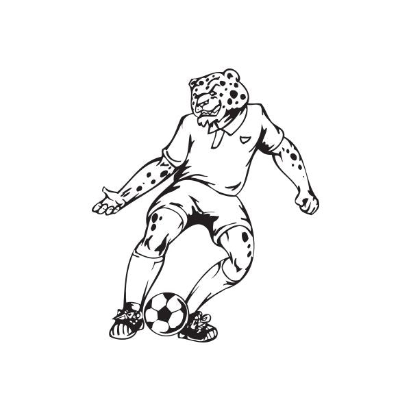 Soccer wall decal of cartoon player dribbling a ball, black outline