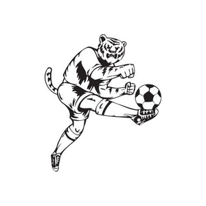 Soccer wall decal of a black-and-white tiger player kicking a soccer ball