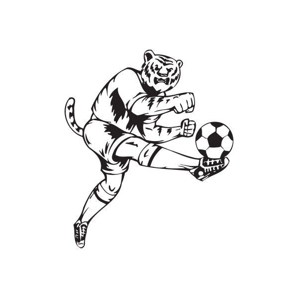 Soccer wall decal of a black-and-white tiger player kicking a soccer ball