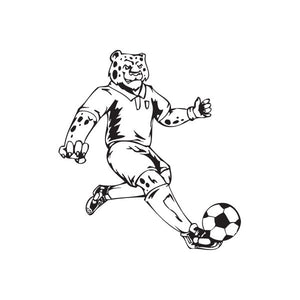 Soccer wall decal of a spotted dog in a referee shirt kicking a soccer ball