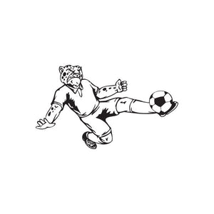 Soccer player vinyl wall decal, cartoon goalie kicking ball in black outline