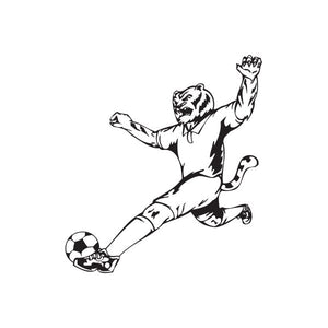 Soccer wall decal of a black soccer player kicking a ball on white vinyl