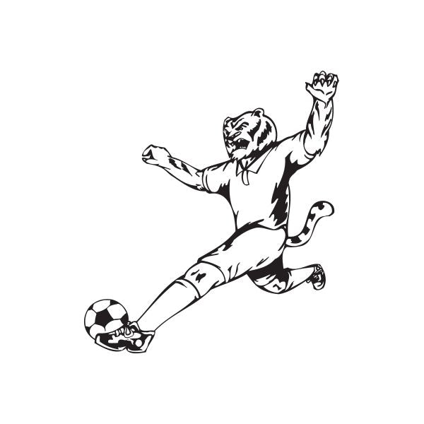 Soccer wall decal of a black soccer player kicking a ball on white vinyl