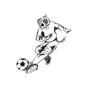 Black-and-white dog playing soccer vinyl wall decal with soccer ball and boot