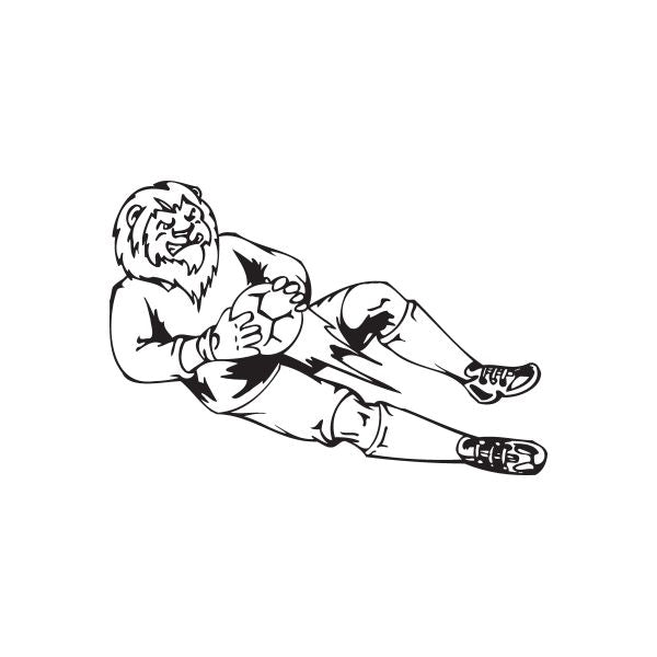 Soccer wall decal of kicking player with lion mascot head, black outline