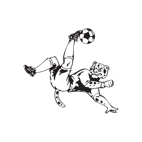 Soccer wall decal of a cartoon player kicking a ball with a pawed mascot