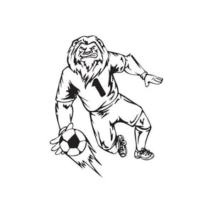 Soccer vinyl wall decal of kneeling player holding a soccer ball, outline style
