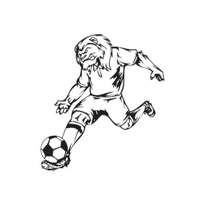 Soccer wall decal of a lion mascot kicking a soccer ball, black and white line art