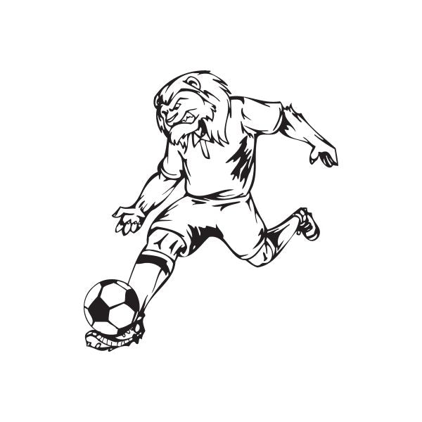 Soccer wall decal of a lion mascot kicking a soccer ball, black and white line art
