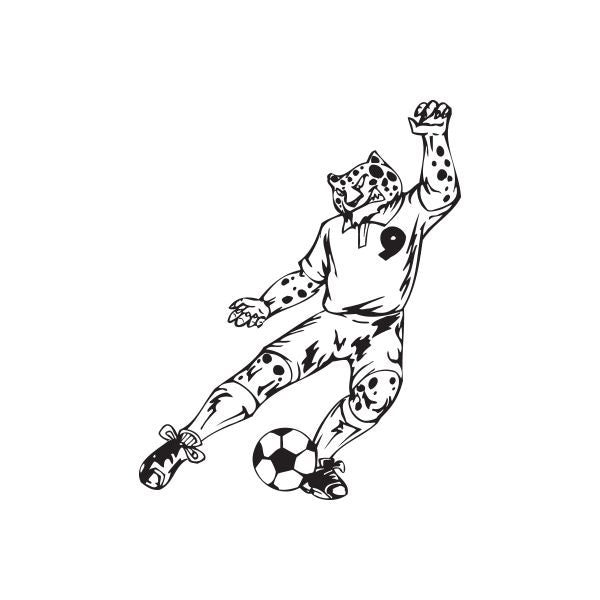 Soccer wall decal of a black-and-white dog kicking a soccer ball
