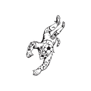 Soccer wall decal of a kneeling player holding a ball, black outline