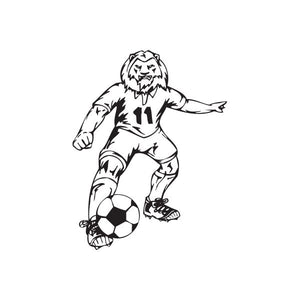 Soccer wall decal of a player dribbling a black-and-white ball in mid-kick