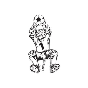 Soccer wall decal of kneeling goalie with ball on head and jersey No. 1