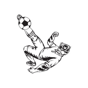 Soccer wall decal of a kicking player with a soccer ball, black and white vinyl style