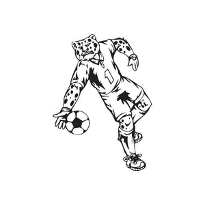 Soccer wall decal of black-and-white cartoon player kicking a soccer ball