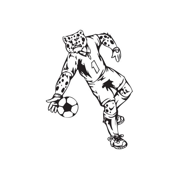 Soccer wall decal of black-and-white cartoon player kicking a soccer ball