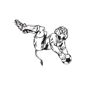 Lion-headed soccer player wall decal kicking a ball, black vinyl outline