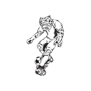 Soccer wall decal of a black-and-white player kicking a ball