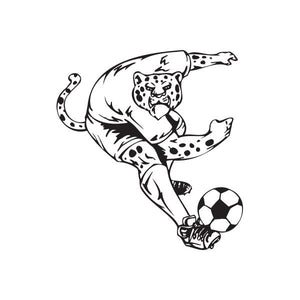 Soccer player wall decal of a black-and-white runner kicking a soccer ball