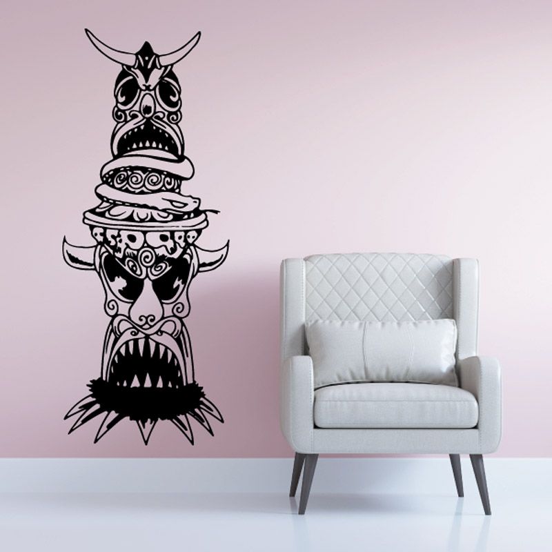 Black detailed totem pole wall decal with layered geometric patterns