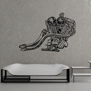 Motorcycle V-twin exhaust decal with rider and engine line art