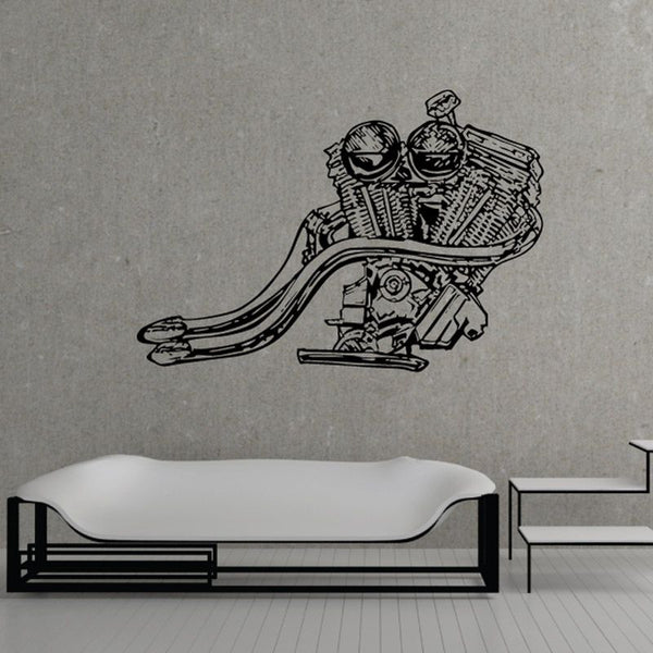 Motorcycle V-twin exhaust decal with rider and engine line art