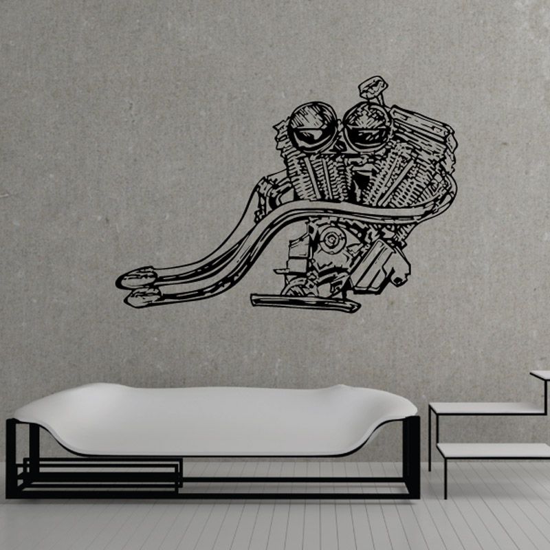 Motorcycle V-twin exhaust decal with rider and engine line art