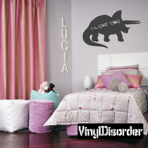 Triceratops chalkboard decal, black dinosaur silhouette with LOVE DINO lettering