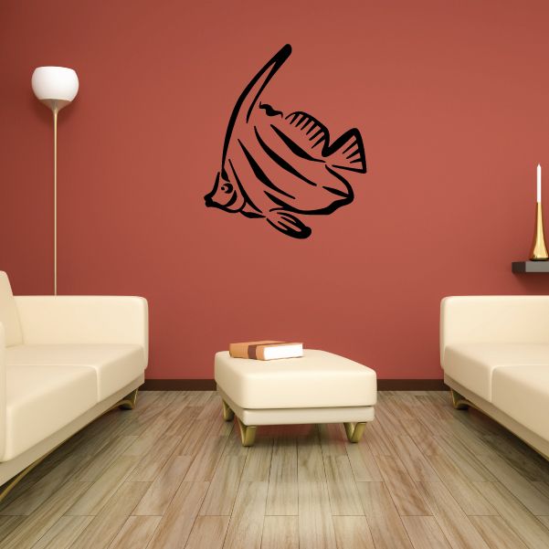 Diving angel fish wall decal, black line art fish with open fins and tail.
