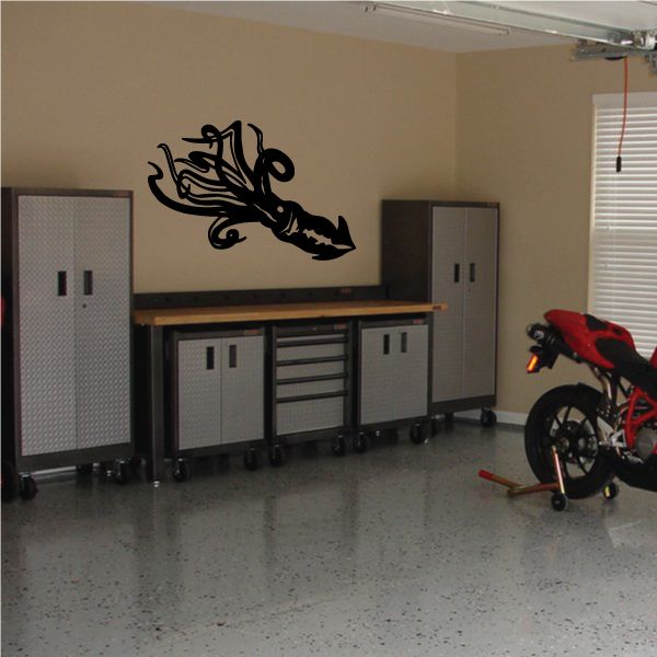 Giant squid wall decal, black diving squid silhouette with tentacles