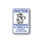 Parking sticker with blue “Doctor Parking Only” text and cartoon doctor