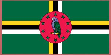 Dominica flag sticker with red circle emblem and wreath, green, yellow, and white cross