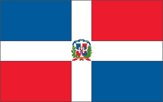 Dominican Republic flag sticker with centered coat of arms and red, blue, white stripes