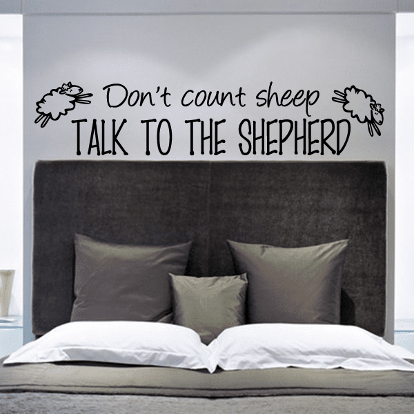 Wall decal: sheep icon with text “Don’t count sheep, talk to the shepherd”