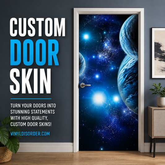Custom door skin vinyl wrap sticker with blue space galaxy and planet artwork