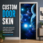 Custom door skin vinyl wrap sticker with blue space galaxy and planet artwork