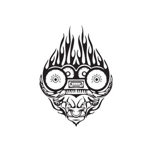 Bull cam head decal with flames and stylized gear-like eyes, black outline
