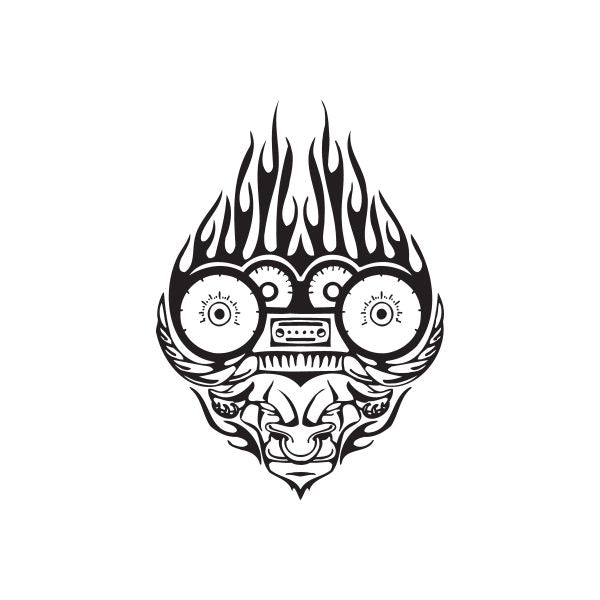 Bull cam head decal with flames and stylized gear-like eyes, black outline