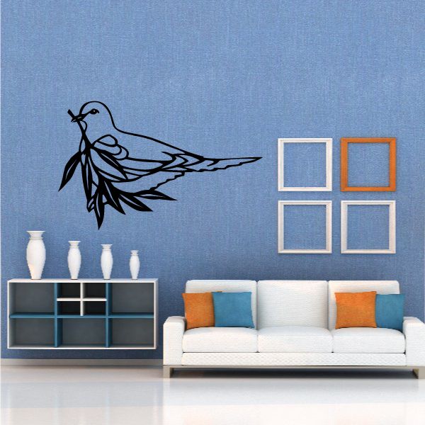 Black dove decal carrying olive branch, wall sticker with line art
