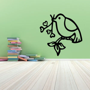 Black dove holding heart branch decal, outlined bird silhouette