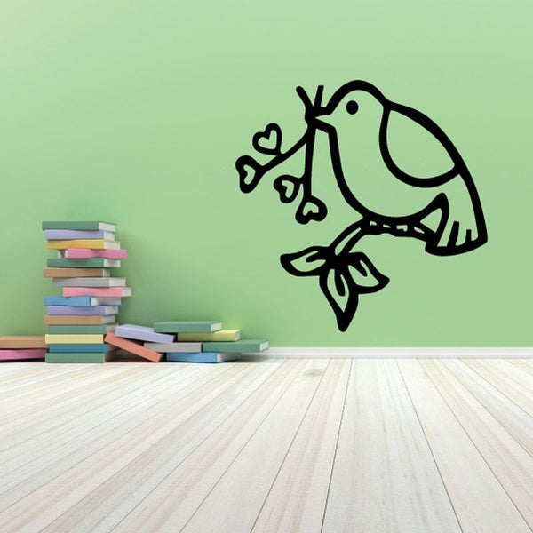 Black dove holding heart branch decal, outlined bird silhouette