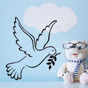Looking-down dove decal with olive branch, black line art style