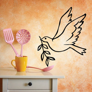 Dove and branch wall decal with black bird and leaves outline