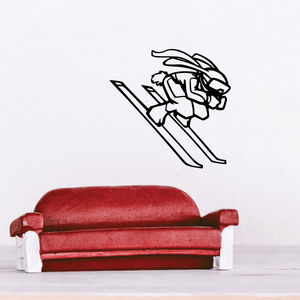Downhill skier bunny decal, black outline bunny skiing with pole and skis