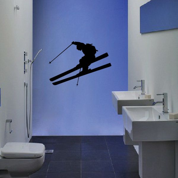 Downhill skier decal sticker with black silhouette of skier on skis