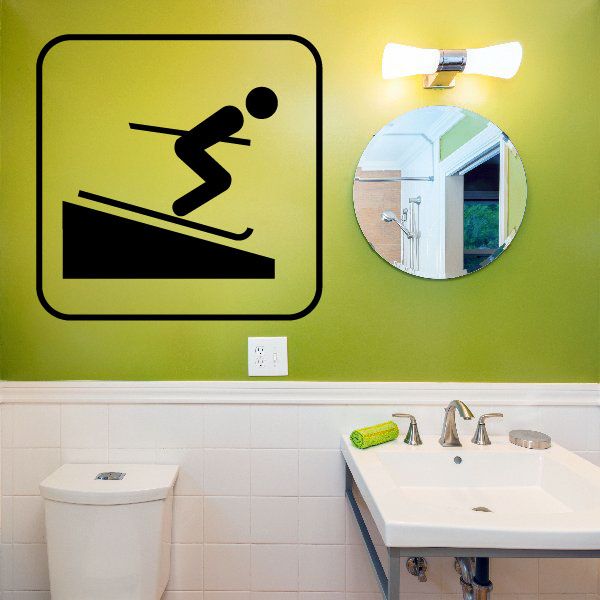 Skiing sign wall decal with black skier icon in rounded square outline