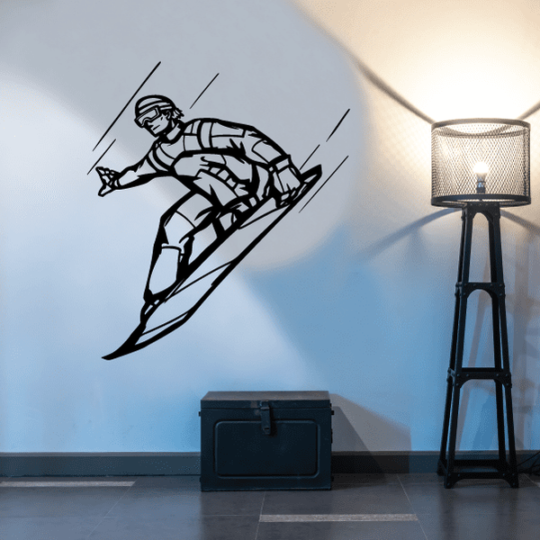 Downhill snowboarder decal with black outline rider and zigzag motion lines