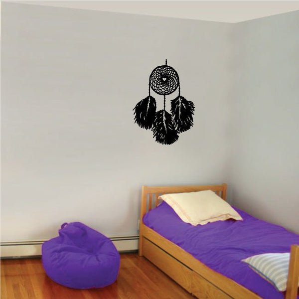 Dream catcher wall decal with black web ring and feather fringe